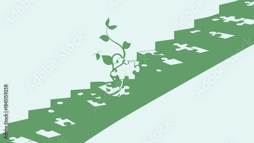 Green puzzle staircase with sprouting plant on steps, symbolizing growth and development in business and personal life
