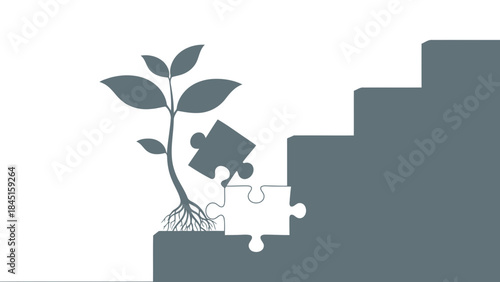 A plant grows from a puzzle piece on a staircase symbolizing growth and development