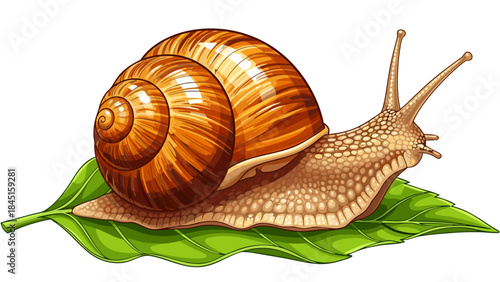 A detailed illustration of a garden snail with a brown spiral shell crawling on a vibrant green leaf.