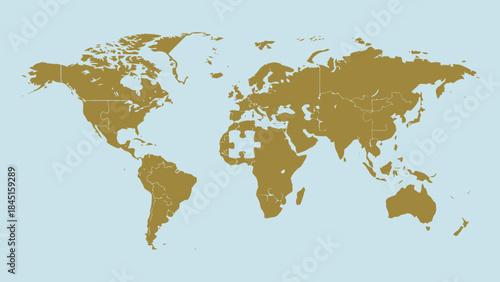 Gold puzzle piece map of the world with a missing african section on a light blue background for global concepts