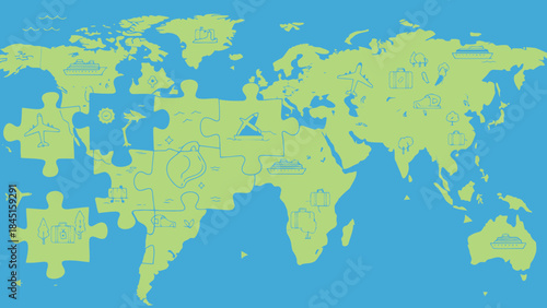 Global puzzle map with interlocking pieces, world geography concept, jigsaw earth