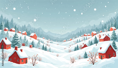 Winter snowy landscape with wooden cabins surrounded by pine trees and mountains in minimalist flat vector style with soft watercolor effect, Majestic Snow-Capped Mountains, Rolling Hills