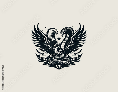 Epic eagle versus king cobra confrontation is presented as a bold black vector logo illustration