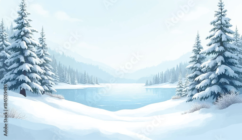 Winter snowy landscape,winter background of snow and frost with landscape of forest,Winter abstract landscape. Sunlight in the winter forest. Panorama of Lake landscape in winter. 