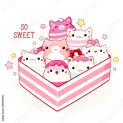 Bento box with cute cat-shaped food characters with smiling face and pink cheeks. Lunchbox set with healthy japanese traditional cuisine dishes. Takeaway homemade snacks. Vector illustration EPS8