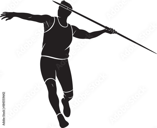 Striking javelin thrower vector silhouette. Dynamic bold black graphic of an athlete in mid-throw, perfect for track and field, athletics, and Olympic sports themes. Ideal for logos, merchandise promo