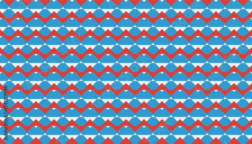 Seamless geometric pattern with repeating waves and diamonds in red and blue tones.