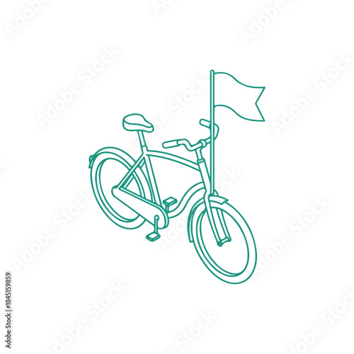 Isometric Line Art Illustration of a Bicycle with a Flag.