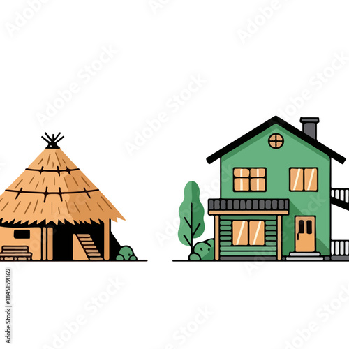 Hut And House Buildings Side by Side Illustration.