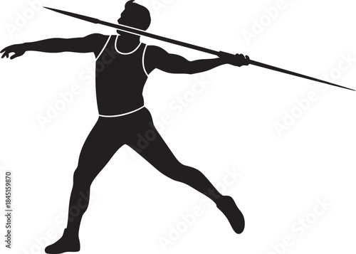 Striking vector silhouette of a male athlete paused mid-motion, preparing for the powerful javelin throw in track and field athletics, ideal for sports branding, apparel design, and promotional.