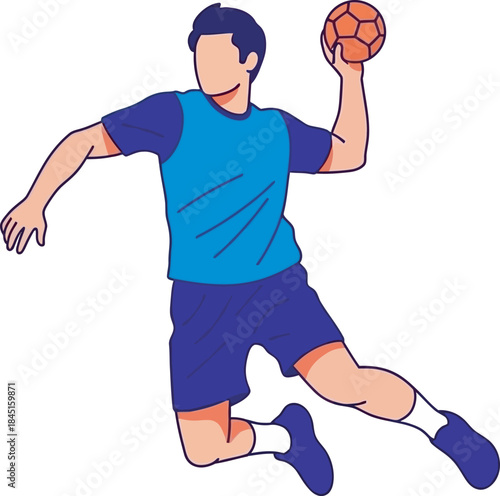 Colorful flat vector illustration of a male handball player leaping to make a powerful jump shot, perfect for sports advertisements, team graphics, uniform design, and general sports media.