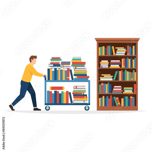 Man Pushing Cart Full of Books Towards Bookshelf.