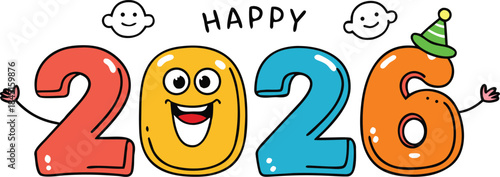 Fun festive doodles and playful illustrations celebrating Happy New Year 2026 with colorful confetti, balloons, party elements, and joyful decorations perfect for greeting cards and digital designs