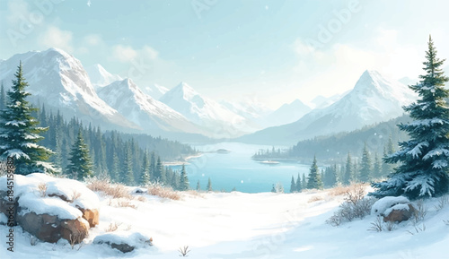Winter snowy landscape,winter background of snow and frost with landscape of forest,Winter abstract landscape. Sunlight in the winter forest. Panorama of Lake landscape in winter. 