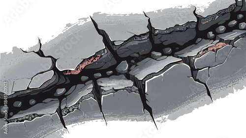 Cracked earth surface isolated on transparent background, deep ground cracks, broken concrete or stone texture