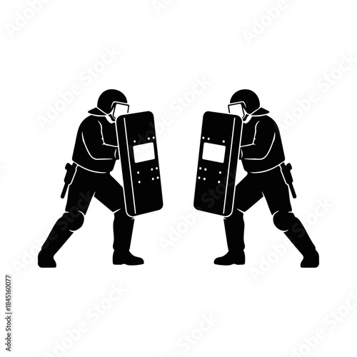 Two riot police officers facing shields in confrontation.