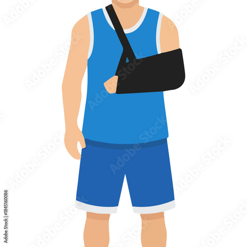 Young athletic person with arm in a sling wearing blue outfit.