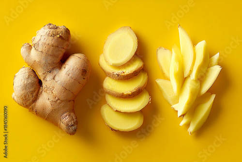 Fresh ginger root and slices arranged on a bright yellow background Generative AI