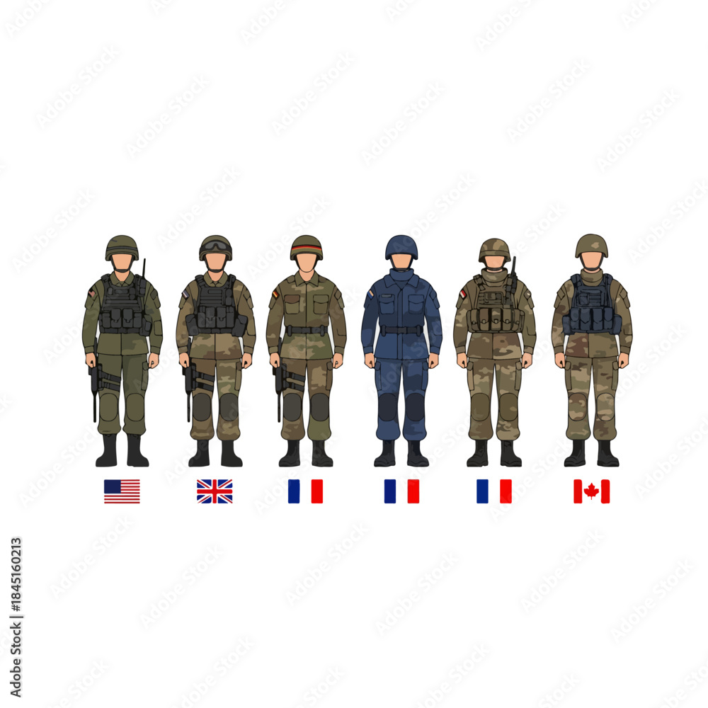 Naklejka premium Team of soldiers in tactical gear lined up.