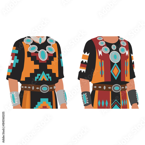 Traditional Native American Outfits Featuring Geometric Patterns and Turquoise Jewelry, Side by Side Comparison