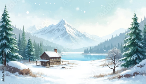 Pound in center of snowy landscape,Frozen winter landscape with mountains, forest, and ice-covered lake or river for ice skating. Beautiful wild nature in snowy weather.