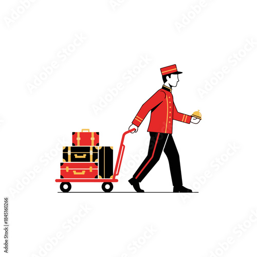 Bellhop pushing luggage cart with suitcases.