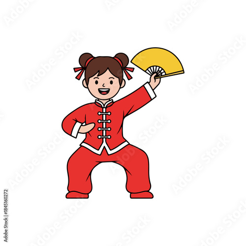 Young girl dancer in traditional red costume with fan.