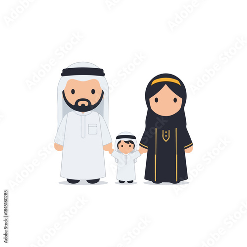 Cartoon Arab Family Portrait with Parents and Child.