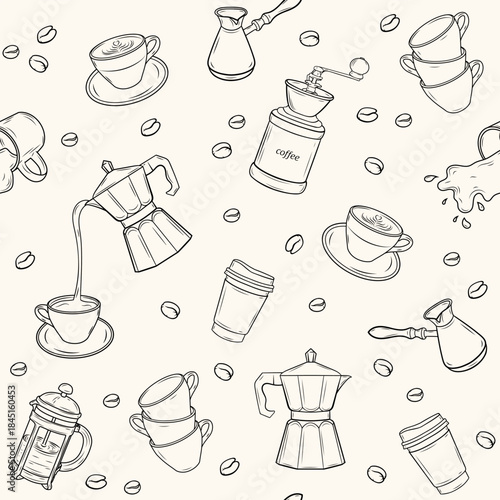 Coffee Line Art Seamless Pattern – Cups, Beans & Moka Pot
