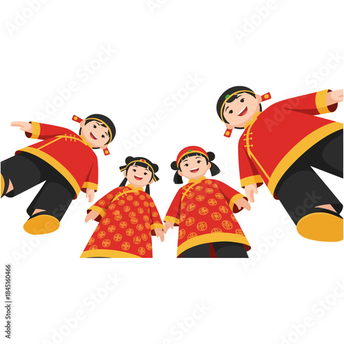 Group of four children in traditional red outfits.