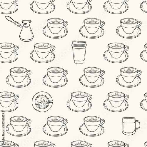 Coffee Line Art Seamless Pattern – Cups, Beans & Moka Pot