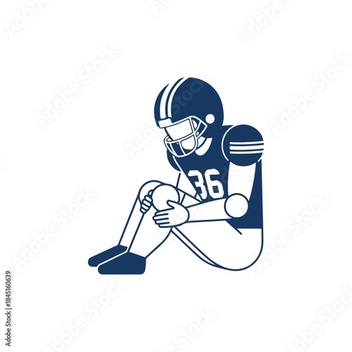 Blue football player sitting with knees drawn up illustration.