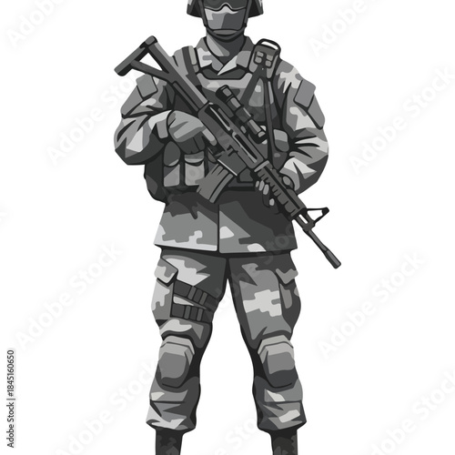 Military Soldier in Tactical Gear Holding Rifle.