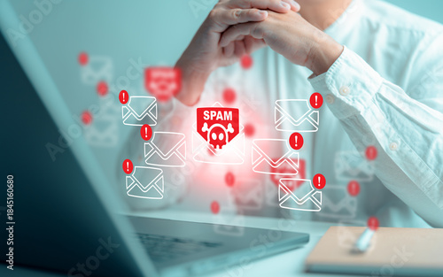 Photos Cyber security awareness concept featuring spam mail pop-up warnings, suspect email alerts, and an inbox showing virus messages, caution signs, and harmful junk or trash mail