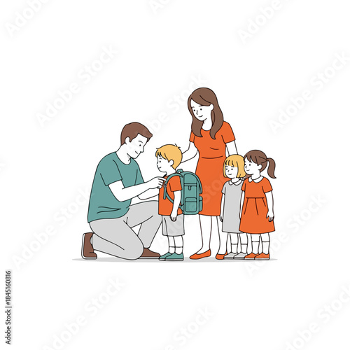 Father Helping Son With Backpack Before School.