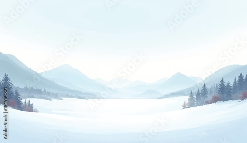 Winter landscpae with blue Sky,Cloud and Snow falling.Vector Minimal Design of Nature Village for Holiday season on New Year,Beautiful winter landscape with white snow covered ground, frosty trees 