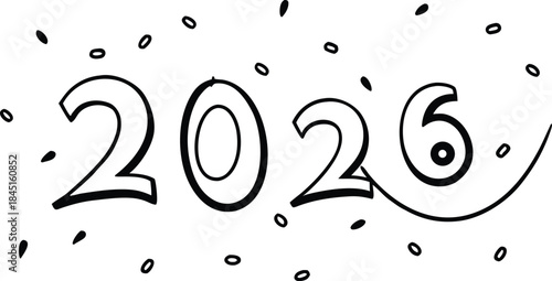 Hand drawn confetti rain around 2026 digits, colorful festive illustration, cheerful celebration art, isolated numbers on white background, whimsical New Year 2026 design, bright joyful decoration