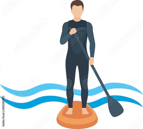 Flat vector illustration of a person in a wetsuit stand-up paddleboarding (SUP) on water waves, ideal for summer vacation graphics, outdoor activities, beach travel, and water sports promotion.