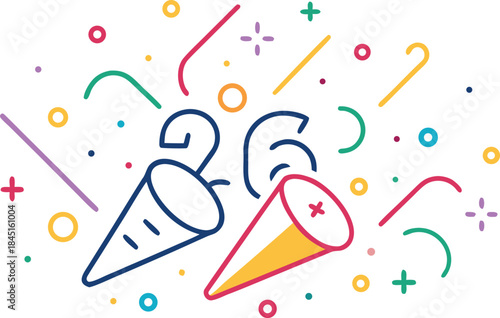 Line art party horn icons with confetti, celebration and festive symbols, minimal outline style, vector illustrations for events, holidays, birthday, and festive designs.