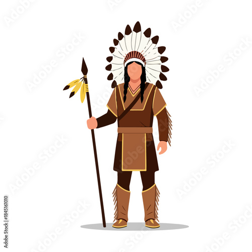 Native American Warrior Holding Spear and Wearing Feather Headdress Traditional Outfit Standing Isolated White Background
