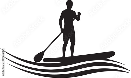 Bold black vector silhouette of a person stand-up paddleboarding (SUP) on water waves, perfect for water sports logos, summer graphics, beach activities, tourism, and outdoor adventure branding.
