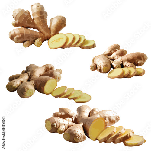 Fresh organic ginger root with vibrant yellow slices set against a transparent background