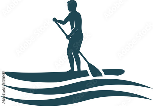 Clean, bold vector logo silhouette of a person stand-up paddleboarding (SUP) with stylized waves, perfect for water sports branding, travel agency logos, beach resorts, and outdoor adventure media.