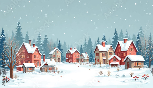 3D cozy isometric wooden cabins on snowy landscape,Cozy wooden cabins sit blanketed in snow under majestic snow-capped mountains. Pine trees covered in white powder surround tranquil village.