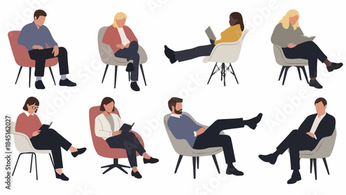 Diverse People Sitting on Chairs, Reading and Working, Vector Illustration Set