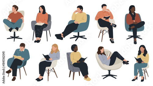 Diverse People Sitting and Reading Books in Comfortable Chairs, Vector Illustration Set
