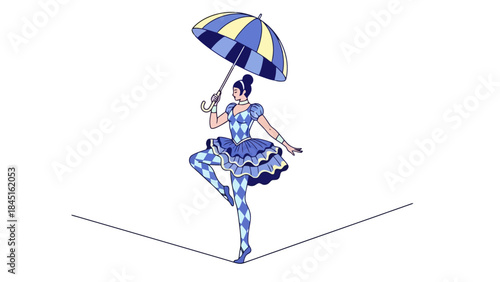 Circus Acrobat Woman Performing Tightrope Walk with Umbrella, Vector Illustration