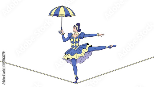Circus Performer Balancing on Tightrope with Umbrella, Stylized Vector Illustration