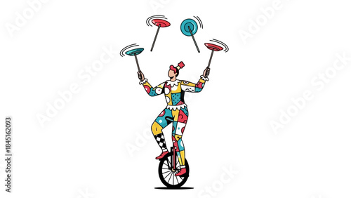 Circus Performer on Unicycle Juggling Spinning Plates Vector Illustration