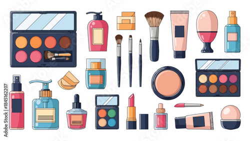 Vibrant Collection of Makeup and Cosmetic Products, Flat Design Style